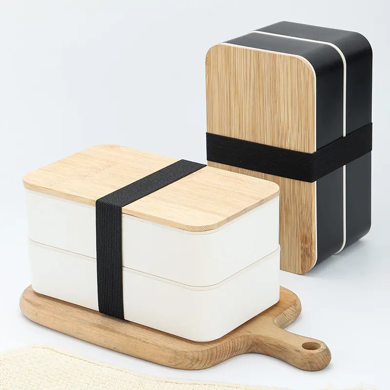 2 Layer Portable Japanese Style Bento Caja De Almuerzo Removable Compartments Plastic Lunch Box With Bamboo Lid