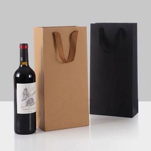 Wholesale Customized Size Wine Bottle Beer Kraft Paper <b>Bag</b> with Cotton Handles Black Wine Paper <b>Bag</b> - Product Image 1