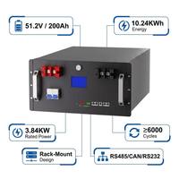 Batterie LiFePO4 en rack 51,2 V 200 Ah 10,24 kWh pour stockage solaire avec BMS RS485/CAN Bluetooth WiFi, crête 150 A, 6000+ cycles, pour réseau hybride