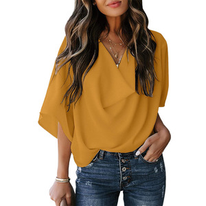 T-<span class=keywords><strong>shirt</strong></span> en mousseline décontracté à col en V et coupe ample de couleur unie pour <span class=keywords><strong>femme</strong></span>, idéal pour le quotidien – Nouvelle collection été, best-seller - Product Image 3