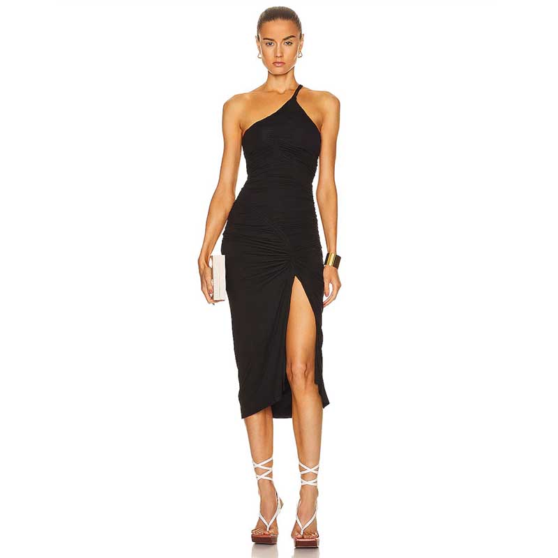 Women One Shoulder Asymmetric Neck Ruched Side Split Bodycon Midi Dress|  Alibaba.com