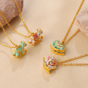 Stainless Steel Cartoon Enamel Carousel Pendant <b>Necklace</b>, Dopamine Color Cute Dainty Clavicle Chain For Women Daily <b>Match</b> - Product Image 5