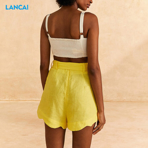 Blazer y pantalones cortos de alta calidad para mujer, conjuntos de dos piezas, ajuste fácil, 100% de lino, cuello en V, chaqueta con etiqueta con muescas, conjunto de pantalones cortos con cinturón de cintura - Product Image 4