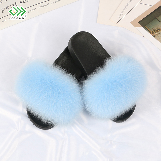 JOGHN Designer Fluffy Sandals Wholesale Fox Fur Slippers Hot Selling Women Big Racoon Fur slides
