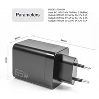 Chargeur rapide multi-ports rétractable 65W PD 3.0 avec protection OVP/OTP, prises interchangeables US/EU/UK pour ordinateur portable et appareils mobiles