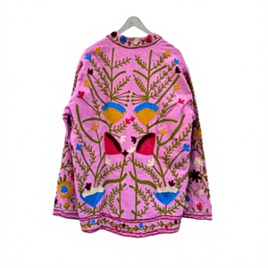 Buy Suzani Embroidered Knitted Velvet <b>Quilted</b> Reversible Bomber Jacket Eco-Friendly Windproof Vintage Hippie Style Pink - Product Image 2