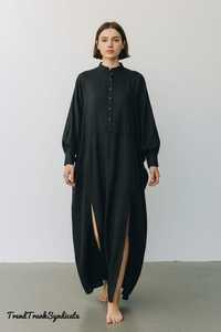 Robe longue kaftan noire en lin/coton pour femme, col en V, coupe droite, abaya modeste, manches courtes, ligne A, ceinture, mode minimaliste, style resort - Product Image 3