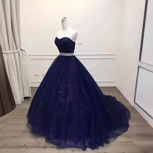 Navy Blue Strapless Sweetheart Ball Gown Organza Evening Dress For Banquet Wedding Toasting - Product Image 4