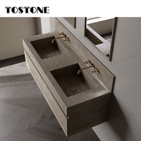 Tostone Vanitytop permukaan antik Travertine krem alami Harga Murah Vanitytop kamar mandi terpasang di dinding untuk pengiriman DDP furnitur khusus