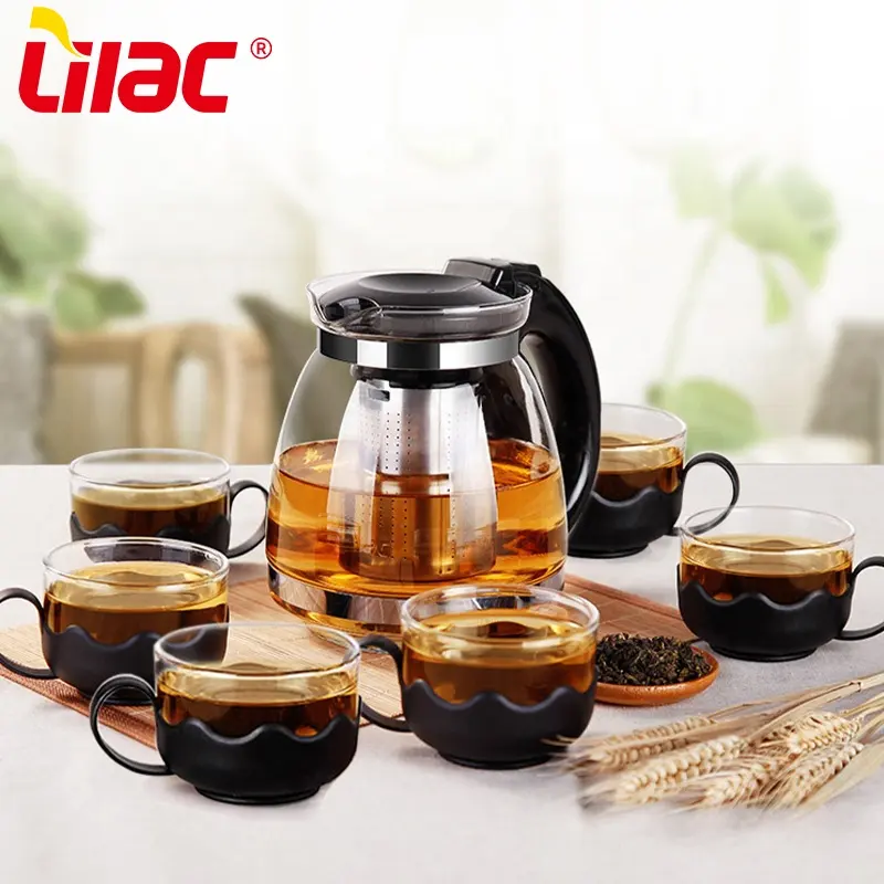 Бесплатный образец сиреневого цвета, 1500 мл + 150 мл * 6, эксклюзивное обслуживание под заказ из Китая, винтажный стеклянный чайник для кофе и чая, набор из 6 шт.
