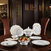 Service de table rond moderne en porcelaine fine (60 pièces) avec bordure dorée pour 12 personnes – Idéal pour les cadeaux d'affaires