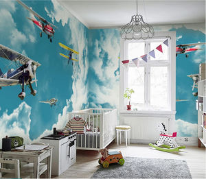 Autocollant de décoration d'avion 3D Sky Clouds pour chambre de garçon-Peel and Stick Roll | Papier peint expédition rapide - Product Image 3