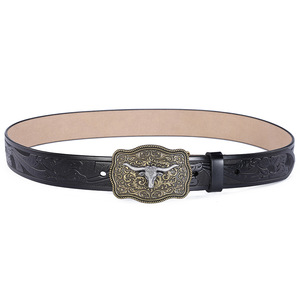 <span class=keywords><strong>Ceinture</strong></span> en cuir de vachette véritable pour homme, style Western, punk, vintage, rétro, avec boucle tête de taureau, inspirée du style Cowboy Européen-Américain - Product Image 4