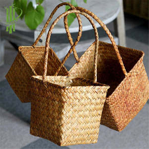 Handwoven Seagrass Storage Basket with Handle Woven Organizer <b>Bin</b> for Kitchen Living Room Home Decor - Product Image 2