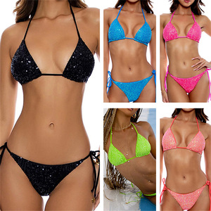 Ventes directes d'usine personnalisées, <span class=keywords><strong>maillot</strong></span> <span class=keywords><strong>de</strong></span> <span class=keywords><strong>bain</strong></span> bikini triangle à paillettes pour femmes, <span class=keywords><strong>2</strong></span> pièces, uni, multicolores en stock - Product Image 3