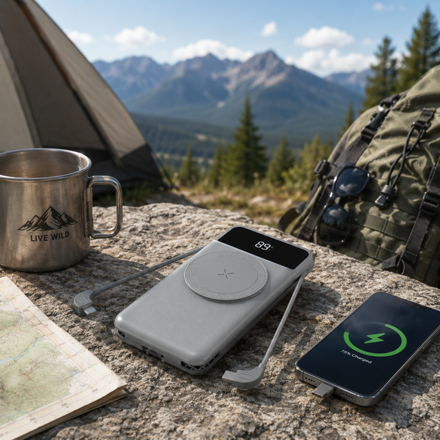 10000mAh Multifunction Travel Adapter Power Bank with Wireless Charging Built in Cables and Global Plug Design