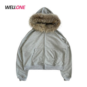 <span class=keywords><strong>Cappuccio</strong></span> di volpe con Logo personalizzato Heather grigio cerniera bianca invernale spessa Frenc Terry Unisex da <span class=keywords><strong>uomo</strong></span> alla moda <span class=keywords><strong>felpa</strong></span> con <span class=keywords><strong>cappuccio</strong></span> in pelliccia - Product Image 1