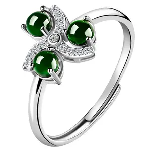 Natural jadeite sun green jade ring S925 silver inlaid fashion ring for women adjustable give appraisal certificate D656