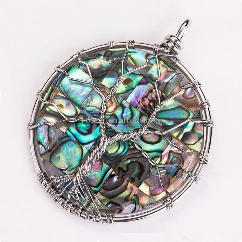 Myp261 — pendentif rond en coquille d'abalone, motif arbre de vie, bijoux faits à la main