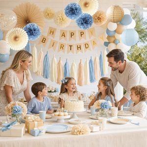 Decorazioni per <span class=keywords><strong>Compleanno</strong></span> Blu Polvere, Beige e Champagne, Stile Boho Neutro, Striscione 'Happy Birthday', Pompon, Lanterne, Ventagli, Ghirlande con Nappe per Matrimoni e Compleanni - Product Image 2