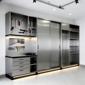 Solution complète d'aménagement intérieur pour garage/atelier industriel moderne avec armoires de rangement métalliques sur mesure, établi et mur porte-outils perforé - Product Image 1