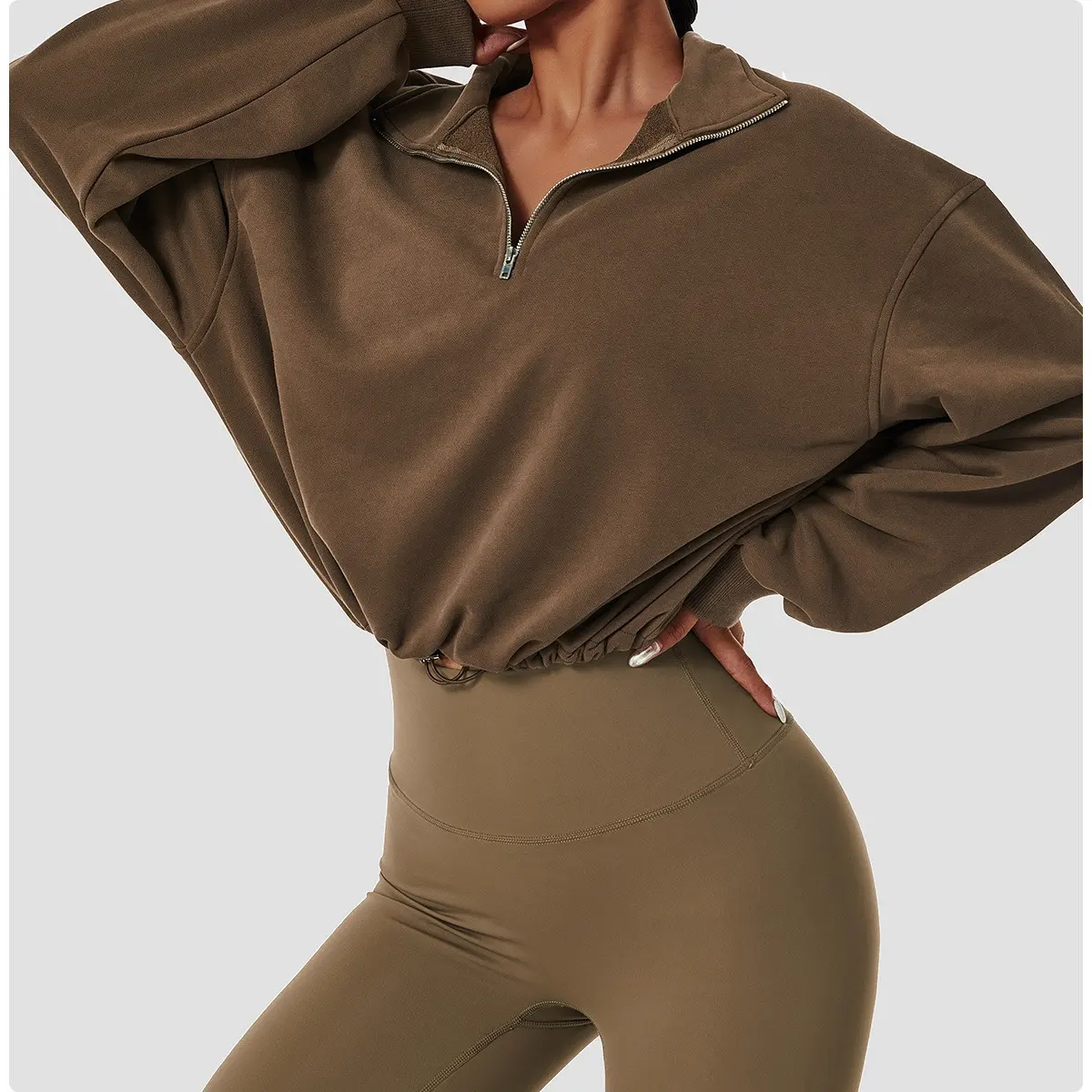 Sweat-shirt en molleton de coton avec col montant et demi-fermeture éclair pour femme, sweat-shirt à capuche uni avec cordon de serrage