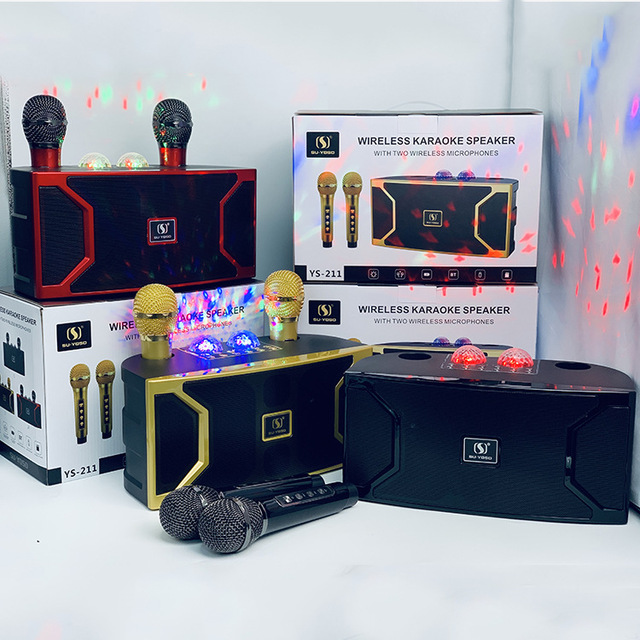 YS211 LED Subwoofer Speaker Home Family KTV Portable Outdoor Wireless Mike Karaoke Speaker With Double Wireless Microphones