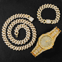 Coffret Cadeau Montre Homme Iced Out avec Bracelet et Collier Hip Hop, Chaîne Miami Cuban Link pour Homme, Bijoux
