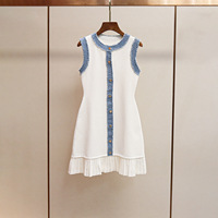 Robe Courte Tricotée Sans Manches Style Décontracté pour Femme, Coupe Ajustée, Boutonnage Simple, Patchwork Denim, Taille Naturelle, Tissée