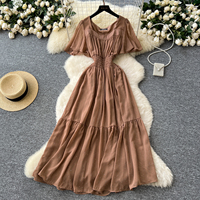 Robe longue vintage française à col carré, manches volantées, taille smockée, ornée de strass, en mousseline de soie, pour l'été