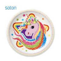 Assiettes en papier jetables licorne mignonnes, écologiques, pour fête d'anniversaire d'enfants, vaisselle ronde décorative imprimée, plat de service pour gâteau