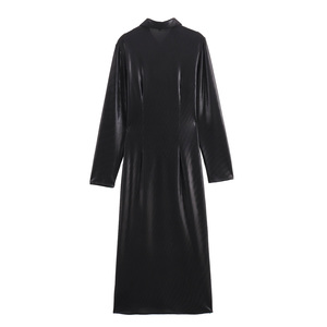 QSY 2025 T Rn cuello abajo manga larga <span class=keywords><strong>B</strong></span> Ttons <span class=keywords><strong>P</strong></span> Color negro frente plisado Cas Al moda vestido largo para mujer - Product Image 2