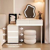 Coiffeuse moderne crème avec armoire latérale extensible et miroir LED nuage, ensemble de table de maquillage pour chambre à coucher.