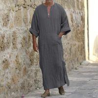 T-shirt en coton et lin pour hommes, vêtement ample, longueur complète, demi manches, Style musulman, islamique, robe pour Kaftan, arabie saoudite, EA11431