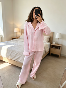 Novedad 2026: Conjunto de Pijama a Rayas de Gasa Crepé 100% Algodón para Mujer Europea, Manga Larga con Volantes en los Puños y Pantalones, Ropa de Estar por Casa - Product Image 2