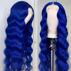 Groothandel Blauwe Kleur Menselijk Lace Front Pruiken Onverwerkte Blauw Peruaanse Menselijk Haar Pruik 40 Inch Lange Blauw Lichaam Wave Pruik