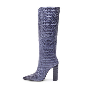 <span class=keywords><strong>Bottes</strong></span> d'hiver pour femmes à talons carrés et bout pointu, style croco, pour mollets larges, hauteur genou - Product Image 1