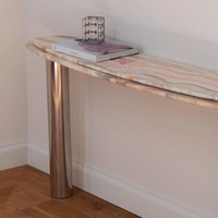 Table console de luxe en onyx arc-en-ciel biologique double couche avec pieds chromés polis – Pièce maîtresse moderne pour entrée