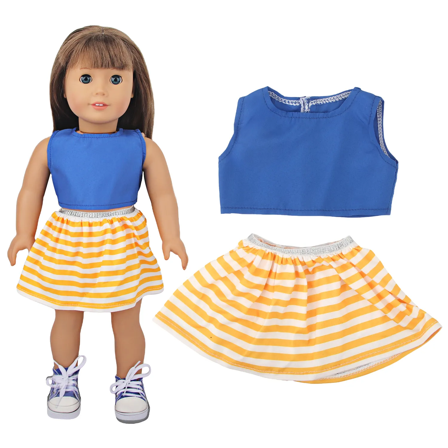 Bela DIY Azul Amarelo Saia Curta Vestido Roupas Baby Doll Roupas para 18 inch Vinyl Doll