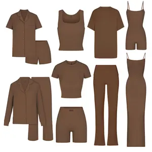 Custom 2 Piece Loungewear Sets Women Cozy Cotton Ribbed Bamboo Pajamas For Women Lounge Wear 2 Piece Women's Sets