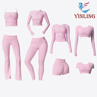 Ensemble de yoga 2 pièces pour femme : haut court à manches longues avec décolleté en V profond et lien, pantalon évasé à taille plissée – Idéal pour l'entraînement, le Pilates, la gym, les tenues de sport et de détente