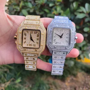 Hip Hop Luxury Iced Out Square Shape Watch Women Men Waterproof Gold Silver Plated Zircon Number Watch