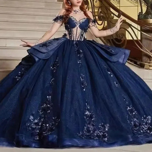 S3953L 2026 Abito <span class=keywords><strong>da</strong></span> Cerimonia Blu Navy con Applicazioni, Spalle Scoperte, Gonna Principessa in Tulle Colorato e Vaporoso, Vestito <span class=keywords><strong>da</strong></span> <span class=keywords><strong>Sera</strong></span> - Product Image 2