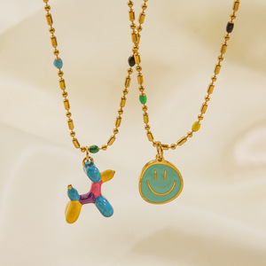 Collier F163 en émail coloré avec un chien mignon et un visage souriant, plaqué or, en acier inoxydable, chaîne à perles pour femmes - Product Image 2