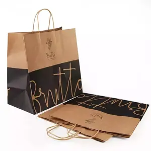 Grosir kustom hadiah kerajinan mewah Kemasan coklat dicetak tas belanja tas kertas Kraft dengan Logo Anda sendiri