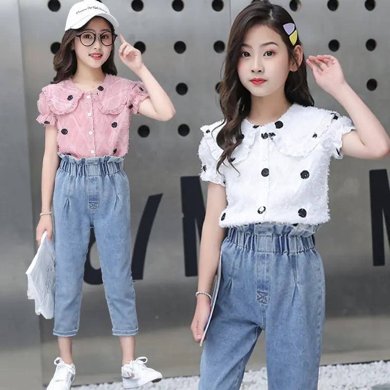 Girl Child Clothes New Girls' Summer Clothes Net Red Middle-aged Children's Summer Denim Short-sleeved Fashion Two-piece Suit