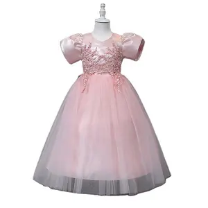 Hot Selling Lovely Pink Short Sleeves Flower Boutique Christmas Party Little Girls Dress For Girls of 8 Years Old