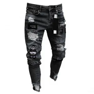 Jean blanc noir en denim personnalisé conique extensible en détresse déchiré pantalon pour hommes pour hommes