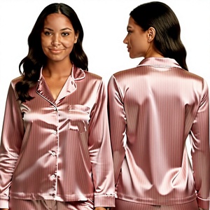 Women's Pink Satin Long Sleeve Pajama <b>Set</b> With Turn-Down Collar Button Closure Striped Classic Sleepwear Spring - Product Image 1