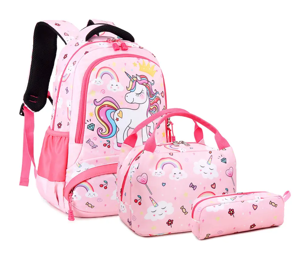 Mochila de unicornio para niños y niñas, juego de almuerzo, 3 bolsas escolares, 2020